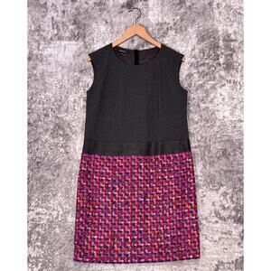 Lafayette 148 Dress 10 Womens Gray Leather & Tweed Blocked Sheath